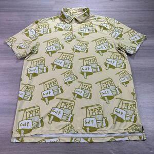 Sosik Polo Shirt Mens 2XL Yellow Golf Cart All‎ Over Print Performance Stretch